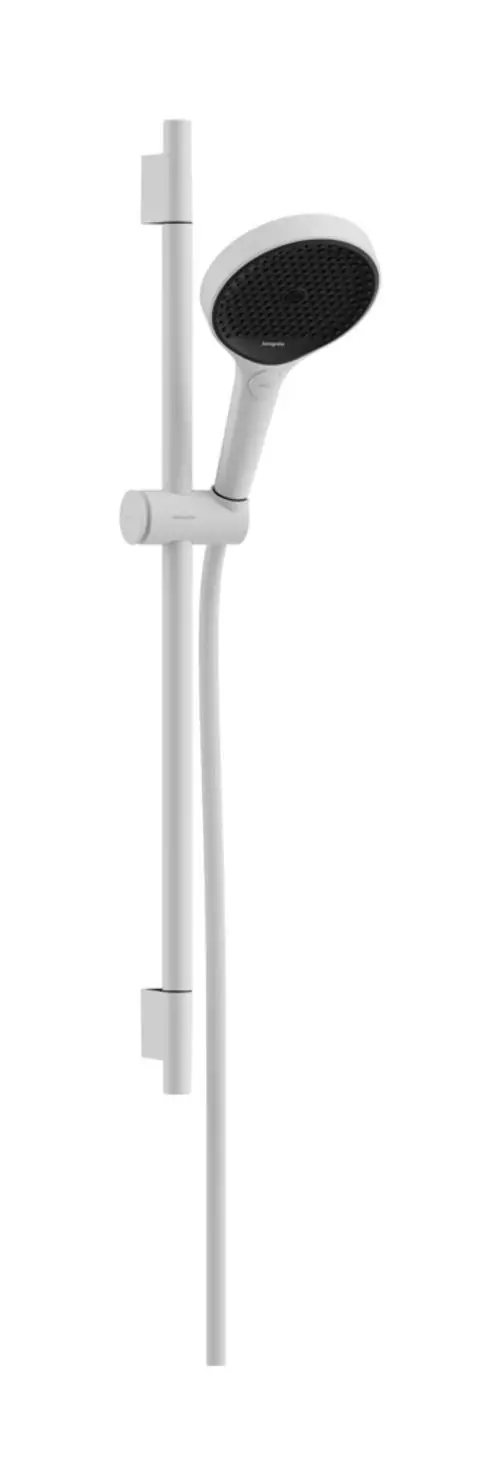 Brausegarnitur in Mattweiß mit Handbrause und verstellbarer Halterung, montiert an einer vertikalen Stange, aus der Produktlinie von Hansgrohe.
